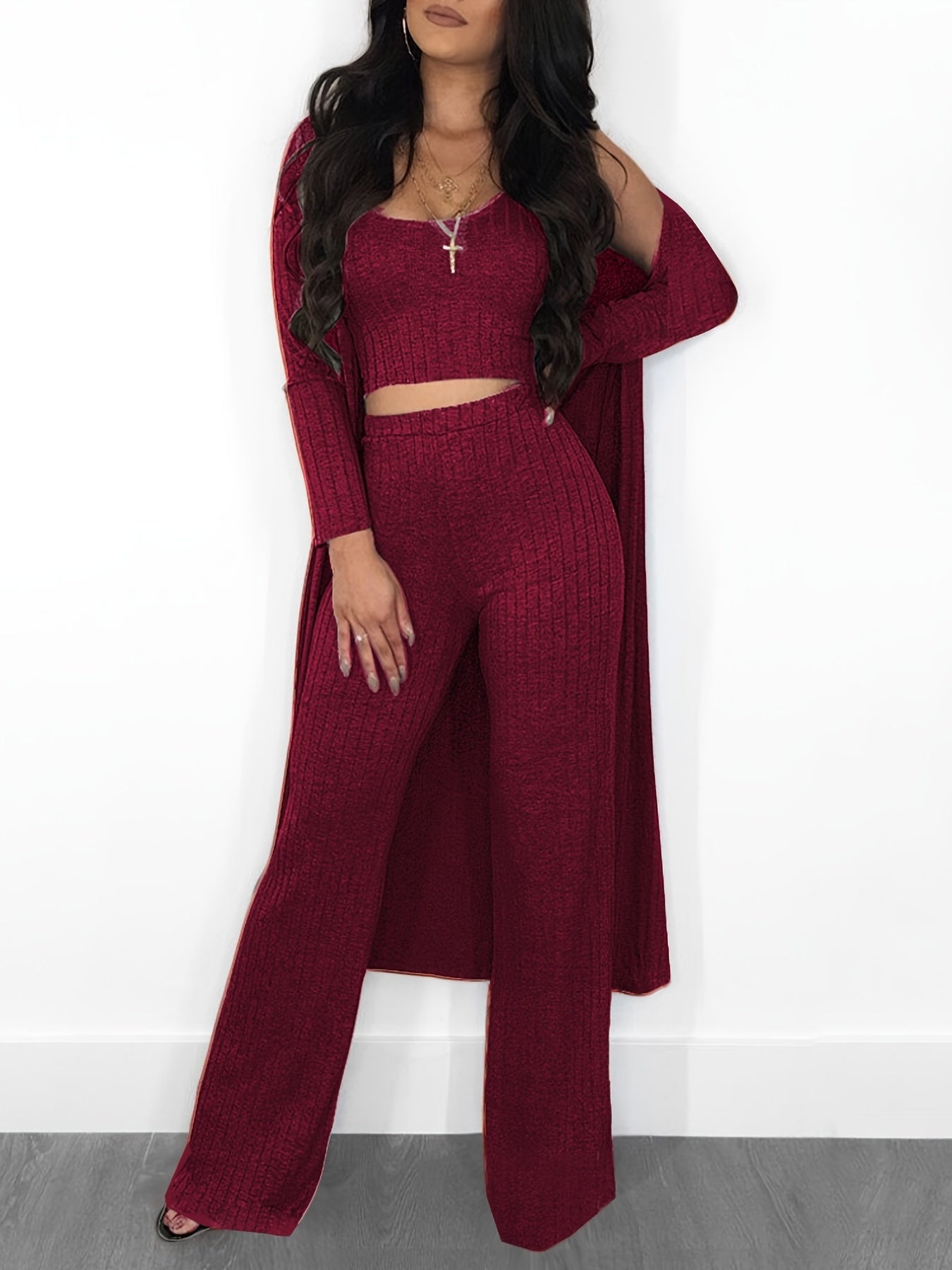 Ribbed Tank Top & Pants & Cardigan Set High Stretch Outfit