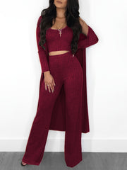 Ribbed Tank Top & Pants & Cardigan Set High Stretch Outfit