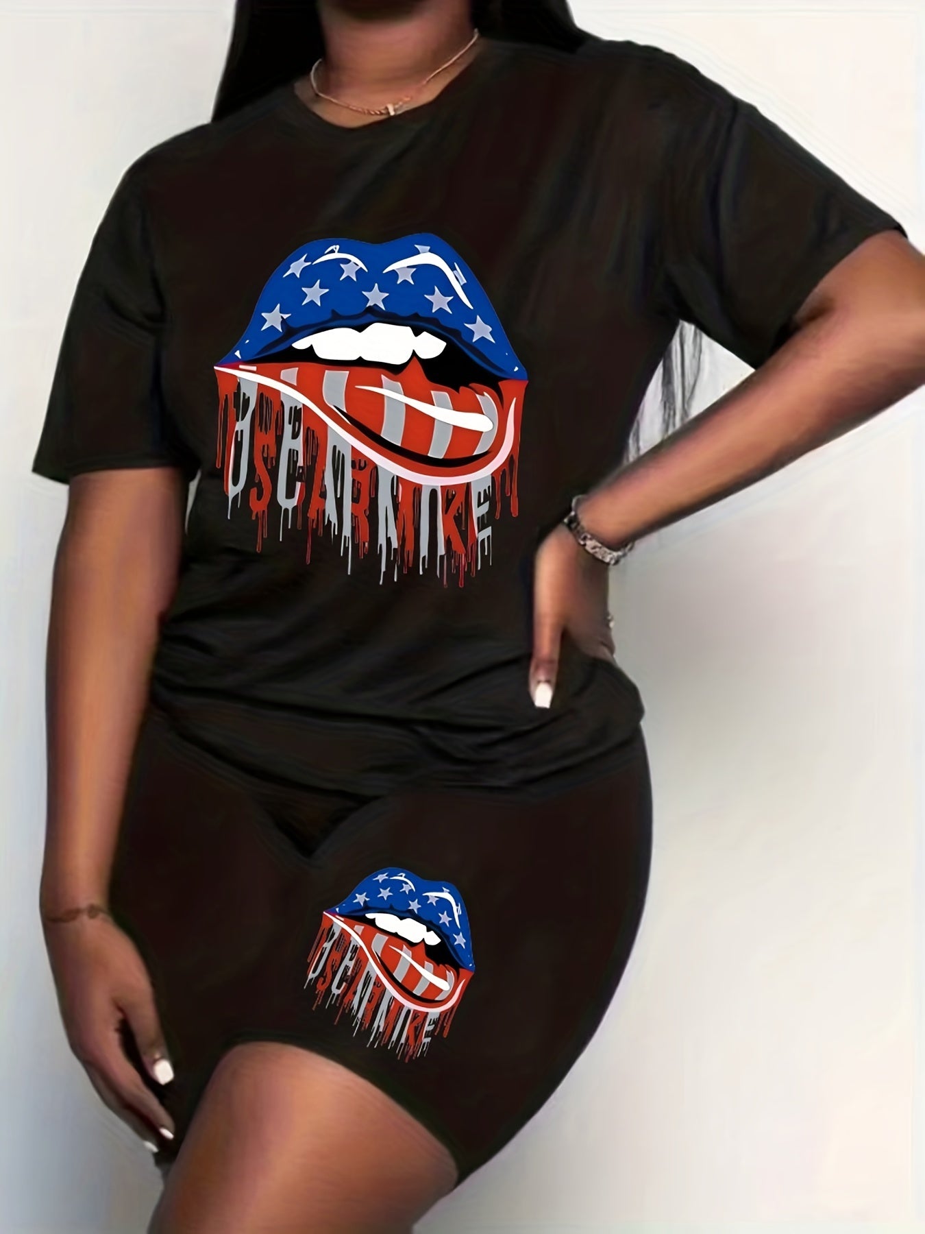 Women's Plus Flag Lip Print Crew Neck Short Sleeve Top & Shorts Outfit Set
