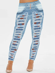 Ripped Denim Print High Rise Stretch Leggings
