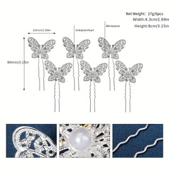 6pcs Butterfly Faux Pearl Hairpin Bridal Wedding Bobby Pin