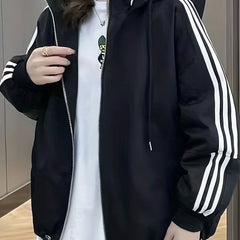 Striped Print Zip Up Jacket Casual Drawstring Hooded Jacket