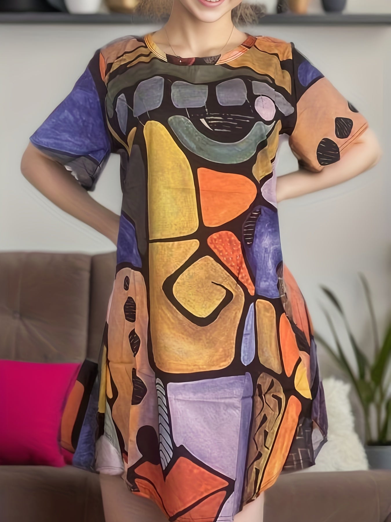 Geometric Pattern Lounge Dress Short Sleeve Crew Neck Home Dress