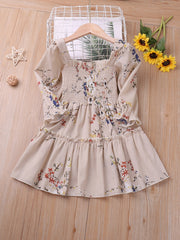 Girls' Shirred Flowers Long Sleeve Dress Kids Party Holiday Summer