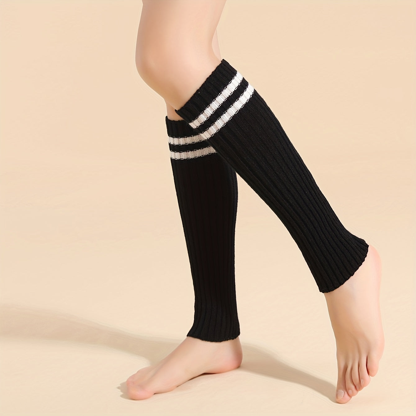 Striped Rib Knit Leg Warmers Knee High Socks Women's Stockings
