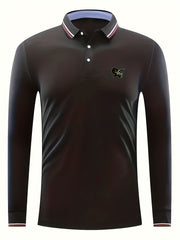 Men's Rhinoceros Print Polo Shirt Casual Stretch Button Up Long Sleeve