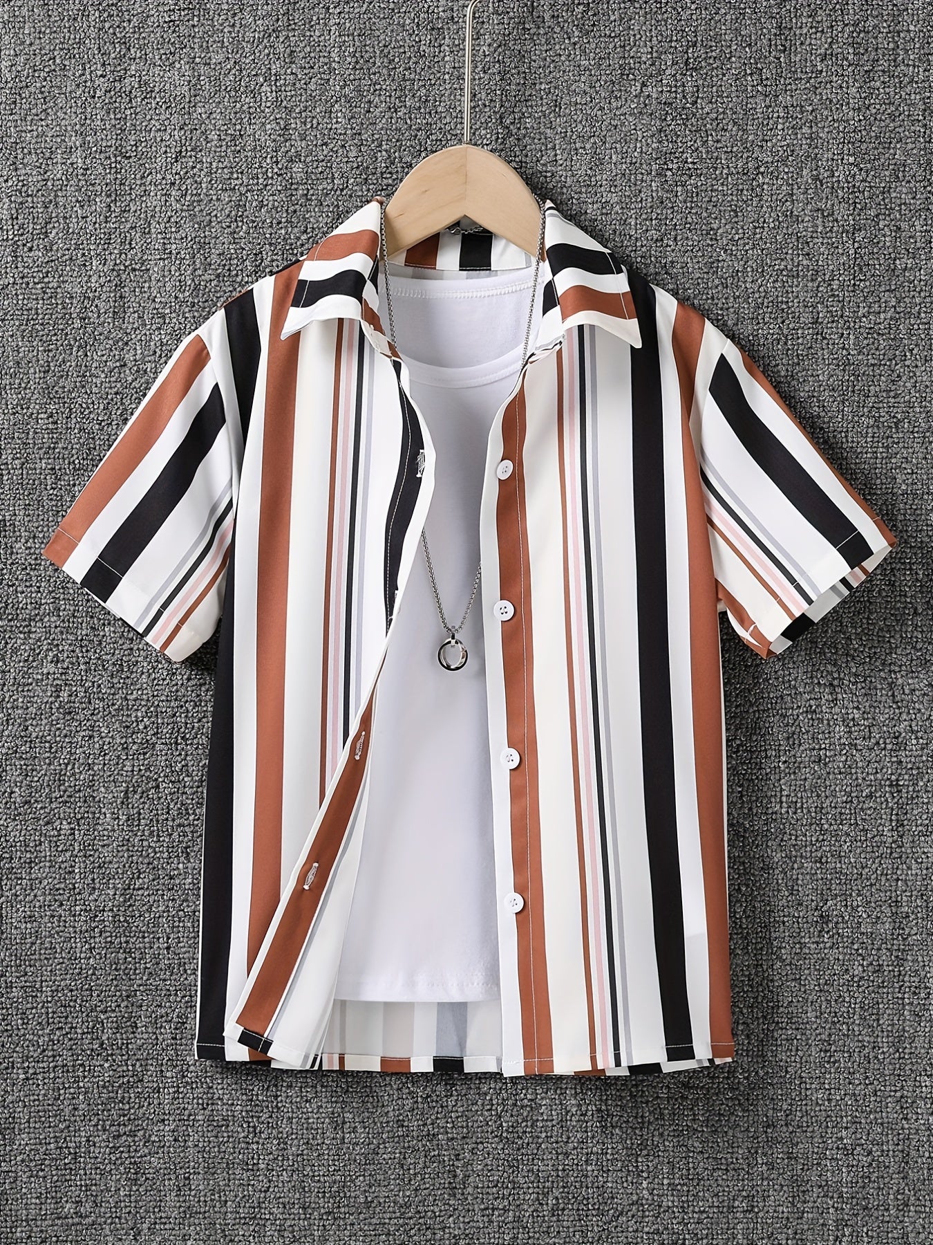 Boys Stripe Casual Lapel Shirt Short Sleeve Top for Summer