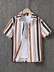 Boys Stripe Casual Lapel Shirt Short Sleeve Top for Summer