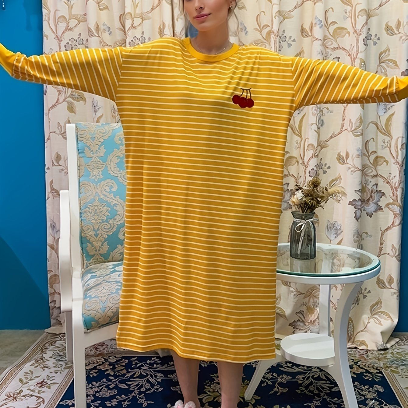 Cherry Print Lounge Dress Striped Home Dress Women's Loungewear
