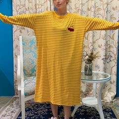 Cherry Print Lounge Dress Striped Home Dress Women's Loungewear