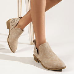 Women's Block Heel Ankle Boots V-Cut Pointed Toe Slip-On Short Boots