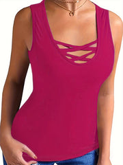 Solid Criss Cross Round Neck Tank Top