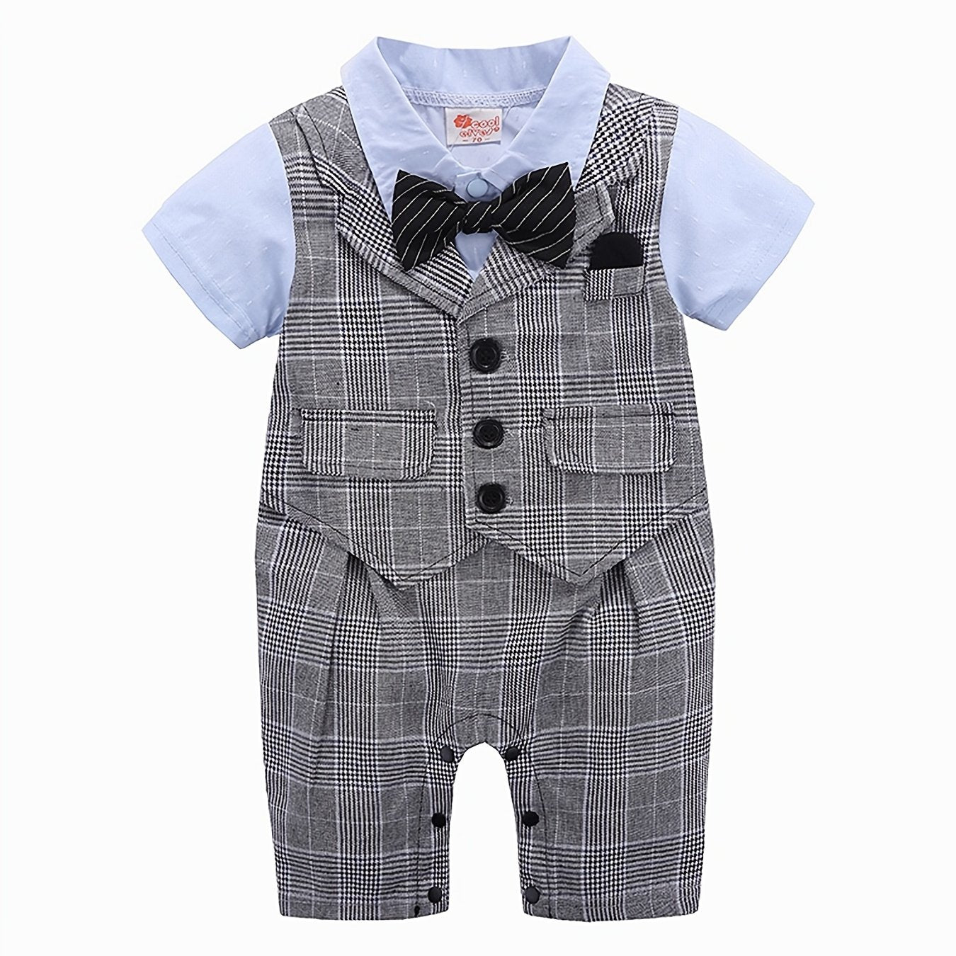 Baby Boys Plaid Bowtie Gentleman Romper Jumpsuit