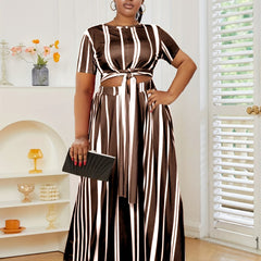 Stripe Print Short Sleeve Crop Top & Maxi Skirt Set