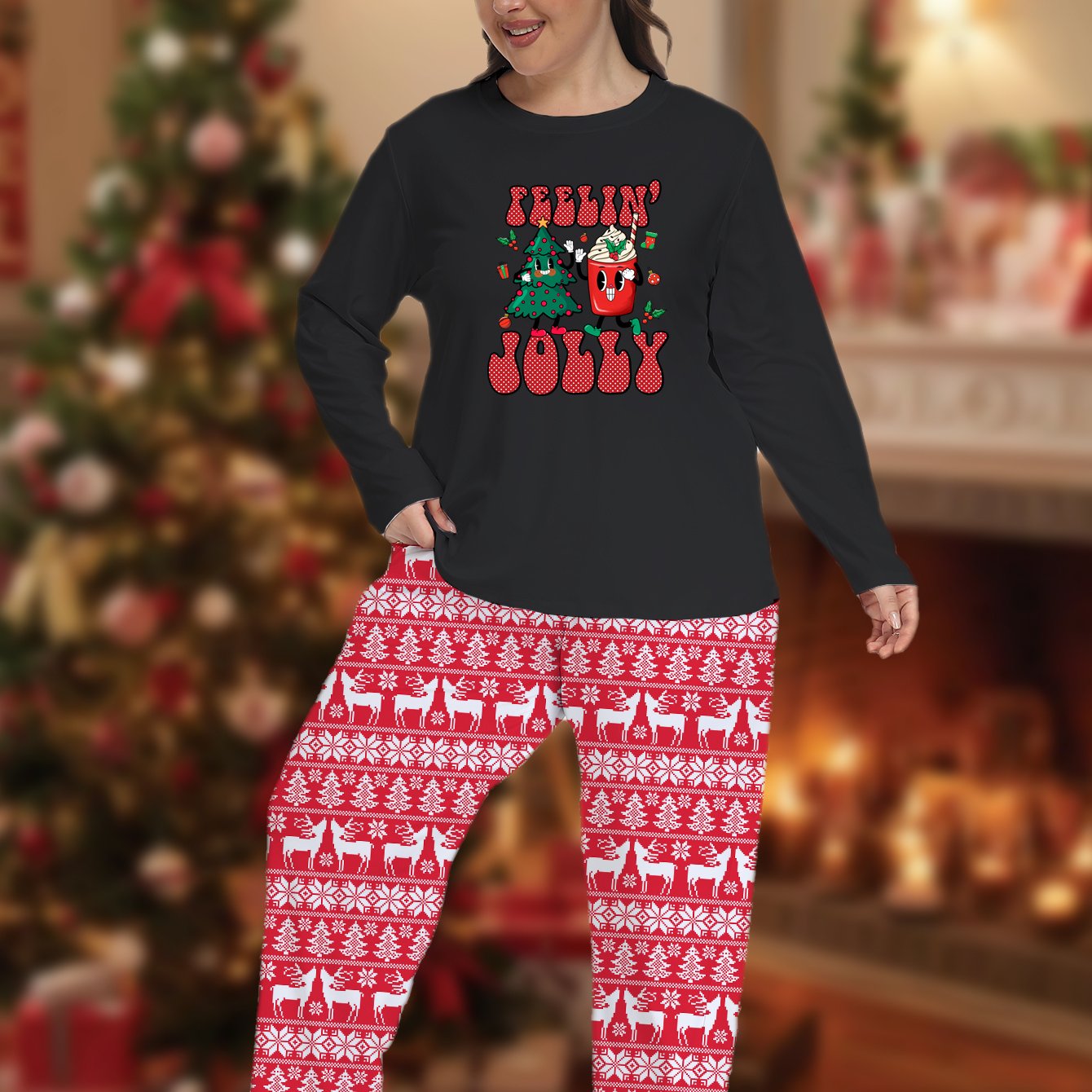 Women's Plus Christmas Tree Graphic Tee & Striped Pants Lounge Set