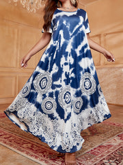 Circle & Lace Print Tie Dye Maxi Jalabiya Dress
