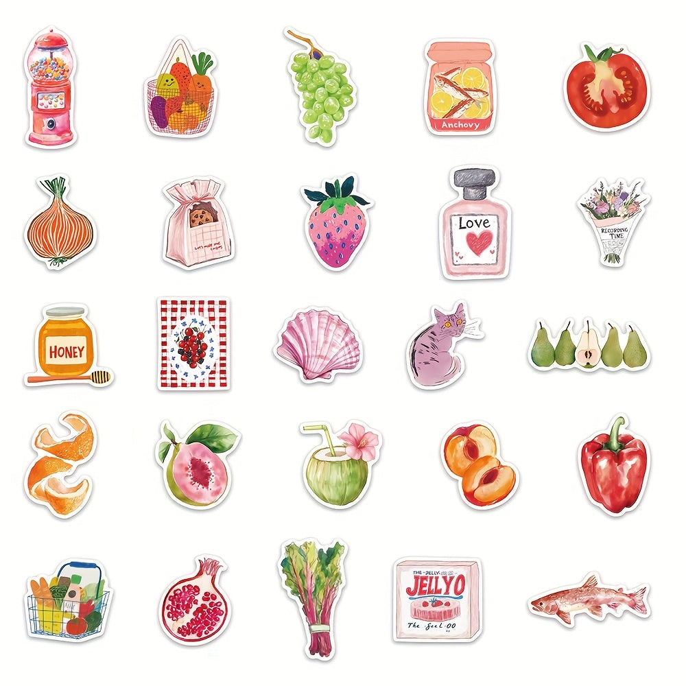 50pcs Pink Mediterranean Artistic Stickers Honey Fruits Vegetables Cat PVC