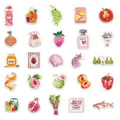 50pcs Pink Mediterranean Artistic Stickers Honey Fruits Vegetables Cat PVC