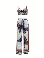 Butterfly Print Set Twist Crop Cami & Wide Leg Pants