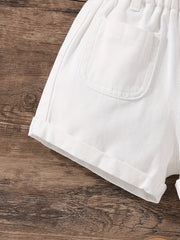 Girls' Elastic Waist Pleated Denim Shorts, Summer Outerwear