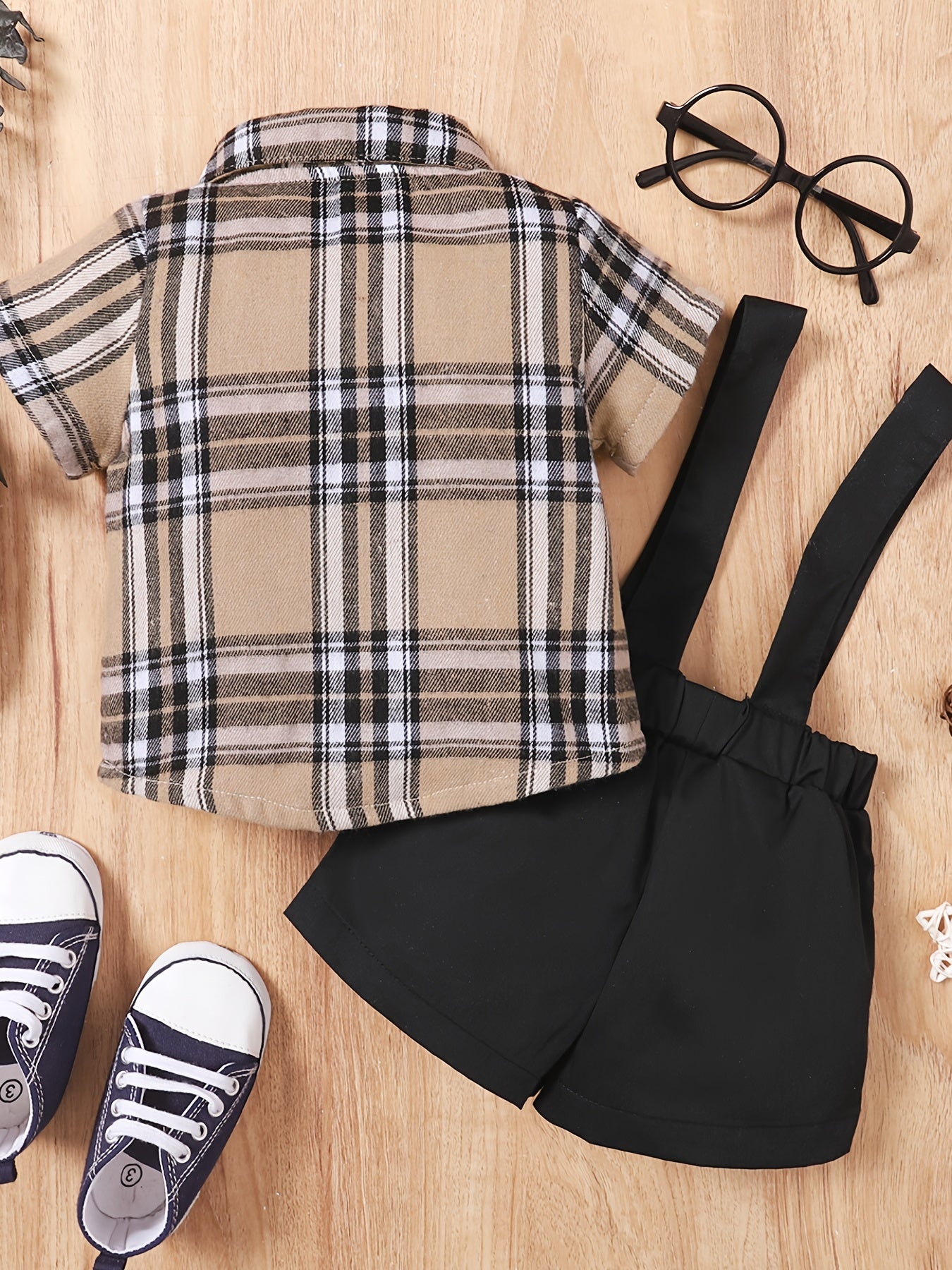 2pcs Baby Boys Plaid Bowtie Shirt & Suspender Shorts Gentleman Outfit