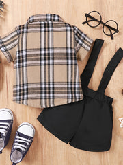 2pcs Baby Boys Plaid Bowtie Shirt & Suspender Shorts Gentleman Outfit