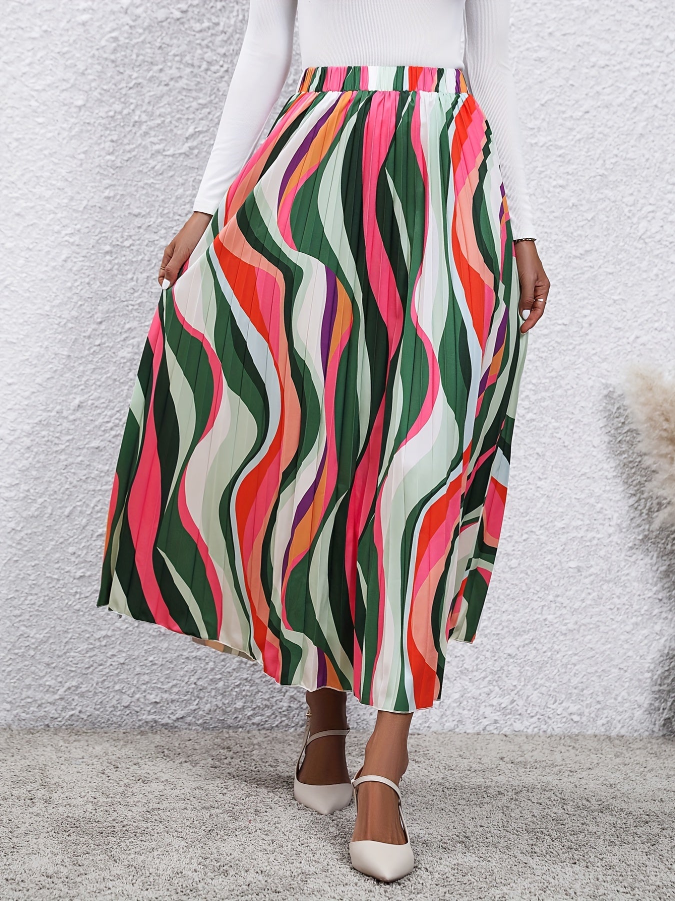 Abstract Print Pleated Maxi Skirt Women's Clothing