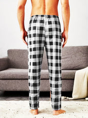 Men's Plaid Elastic Waist Pants Straight Leg Retro Casual Trousers