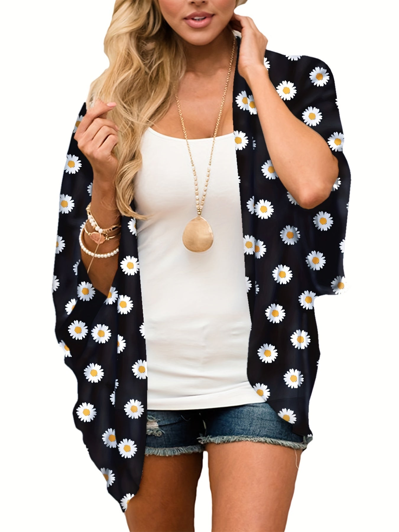 Floral Print Cover Up Shirt V Neck Loose Fit Long Sleeves Beachwear