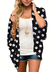 Floral Print Cover Up Shirt V Neck Loose Fit Long Sleeves Beachwear