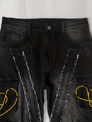 Men's Denim Cargo Pants Flap Pocket Jean Trousers