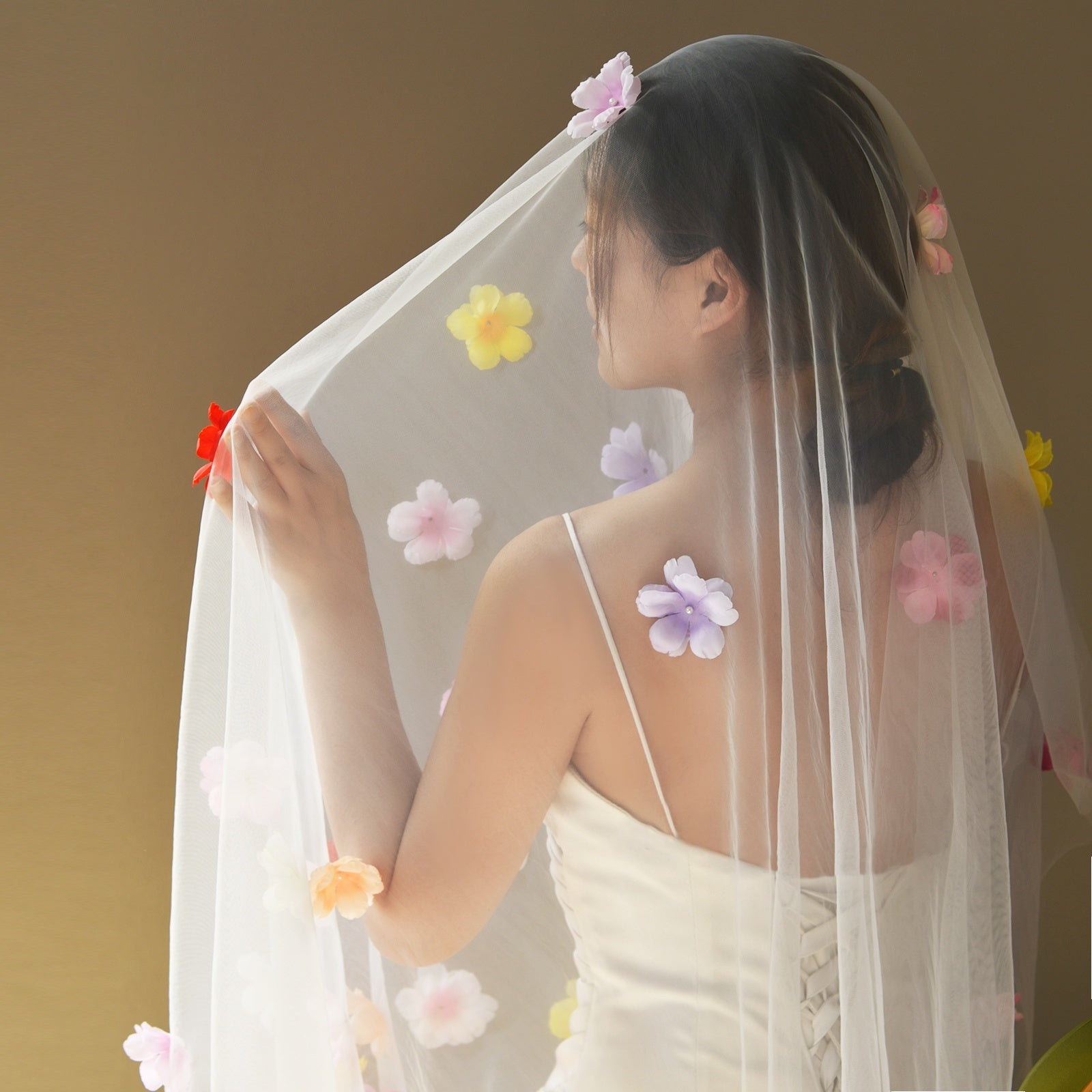 Colorful Floral Boho Bridal Veil for Hawaiian Theme