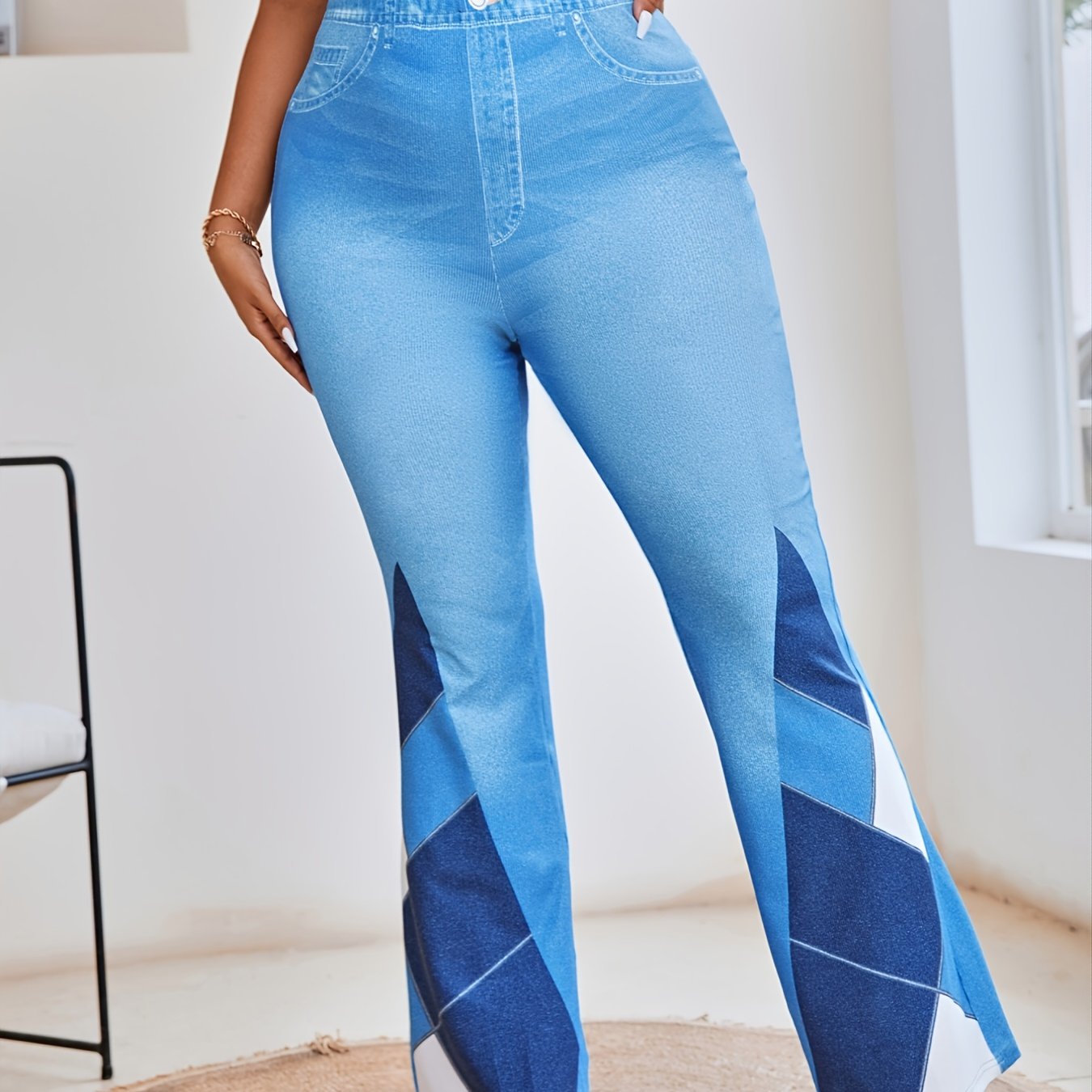 Denim Print Geometric Bell Bottom Leggings High Rise Flared Pants