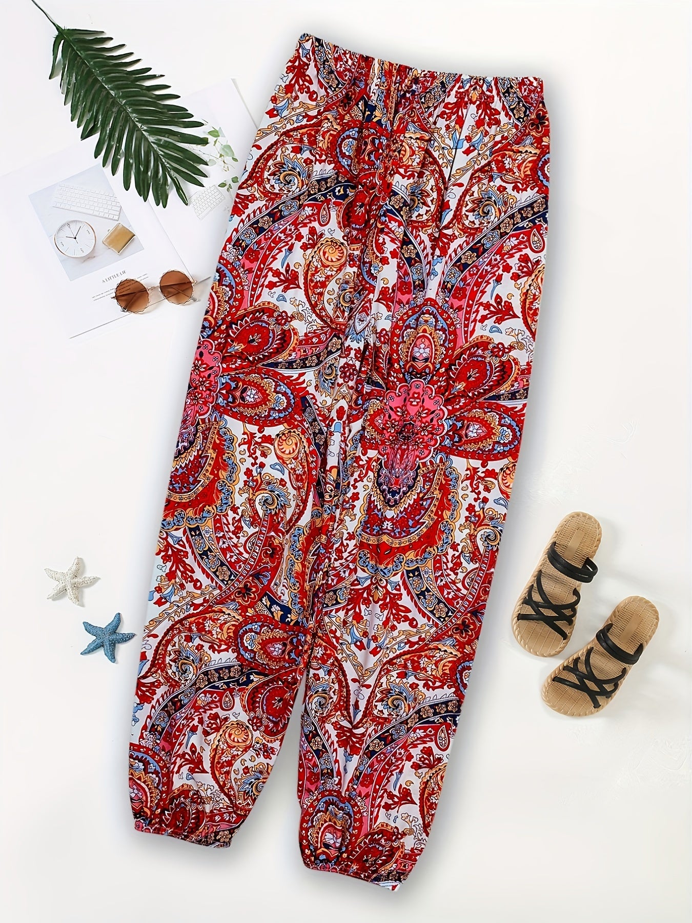 Ethnic Print Boho Elastic Waist Long Pants Women's Clothing