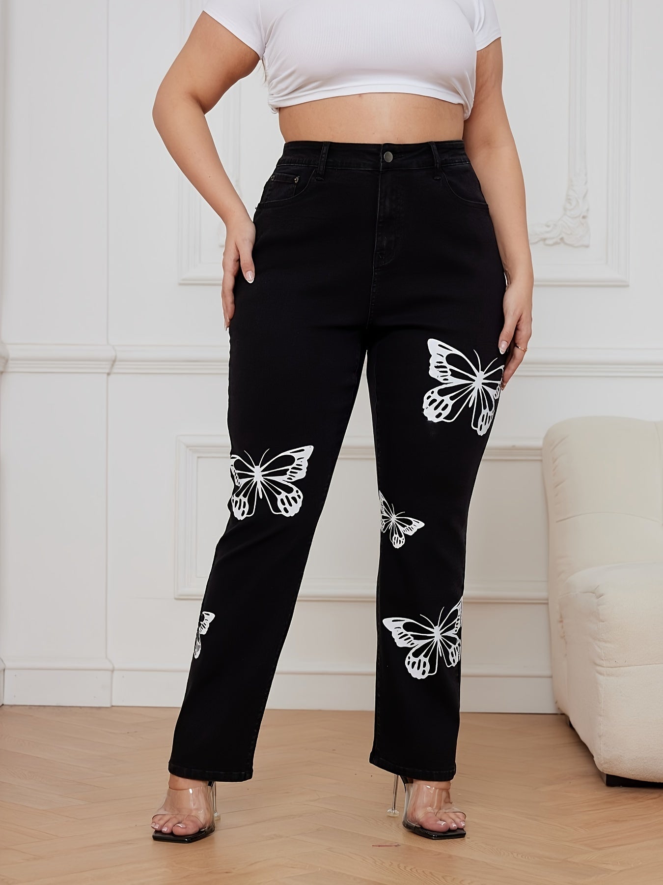 Plus Butterfly Print Button Fly High Rise Stretch Jeans