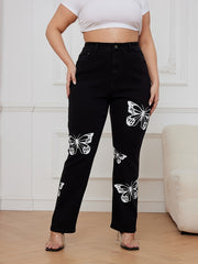 Plus Butterfly Print Button Fly High Rise Stretch Jeans