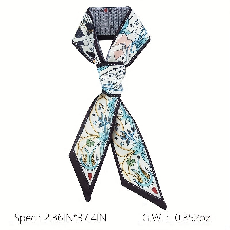 Flower Print Skinny Scarf Long Ribbon Neckerchief Silk Twilly Scarf