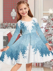 Christmas Night Graphic Long Sleeve Dress Girls Crew Neck Dresses