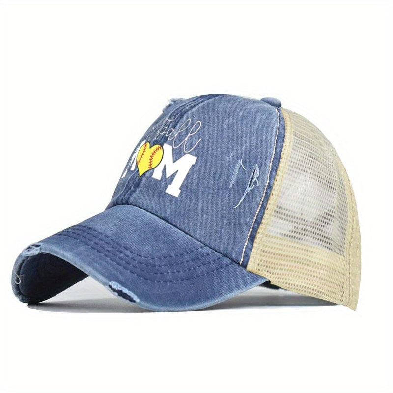 Mom Print Ponytail Trucker Hat Washed Distressed SOFTBALL MOM Baseball Cap