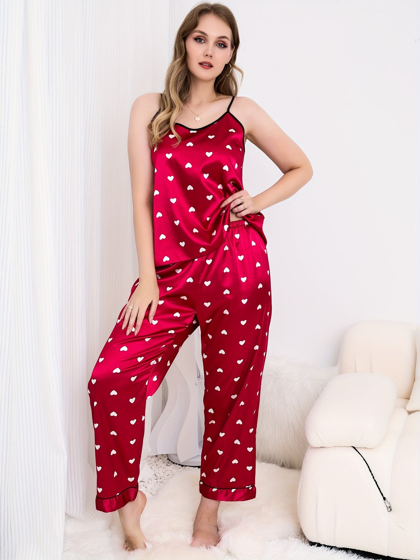 Heart Print Round Neck Satin Cami Top & Pants Set