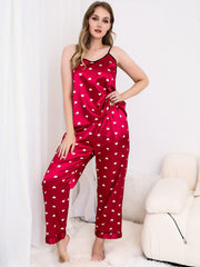 Heart Print Round Neck Satin Cami Top & Pants Set