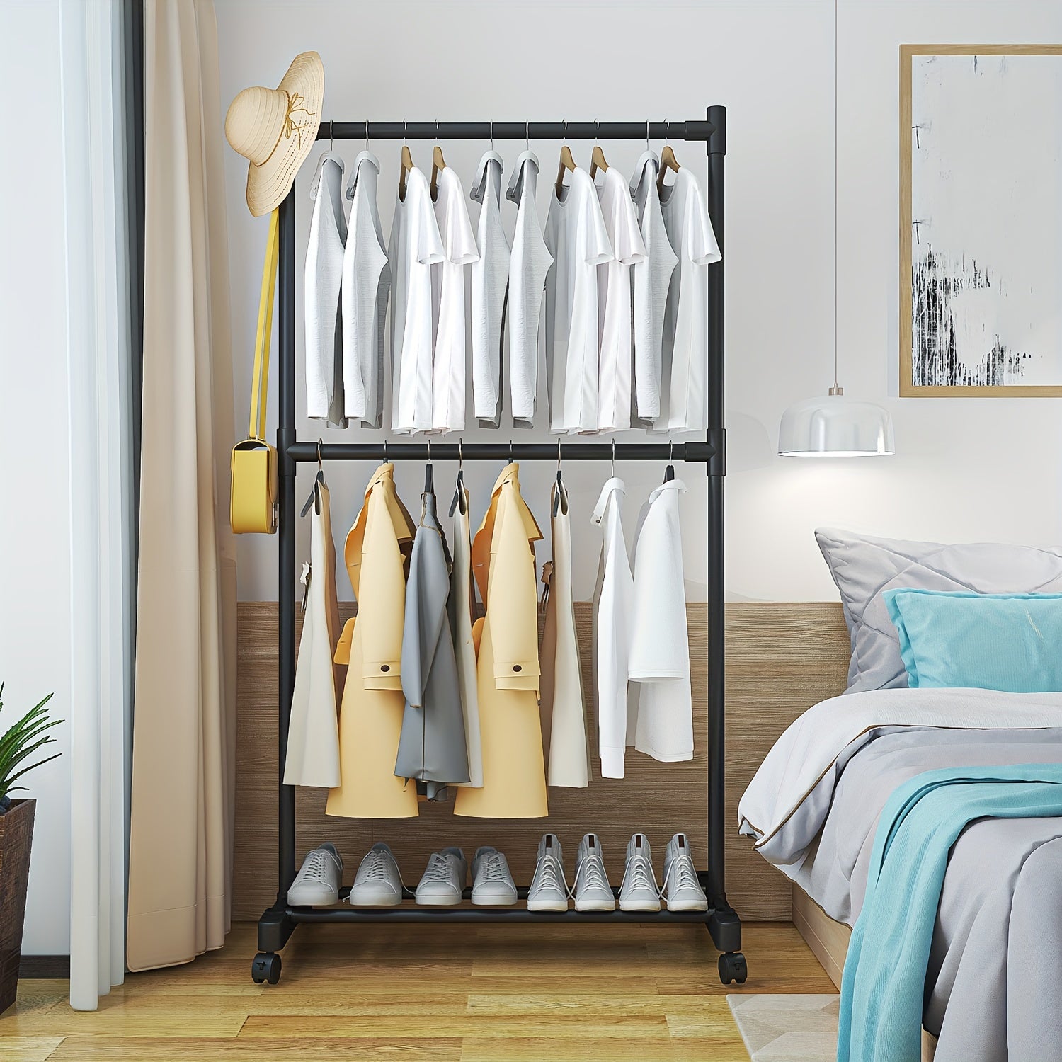 Single Pole Coat Rack With Pulley 2 Layers Clothes Ra...