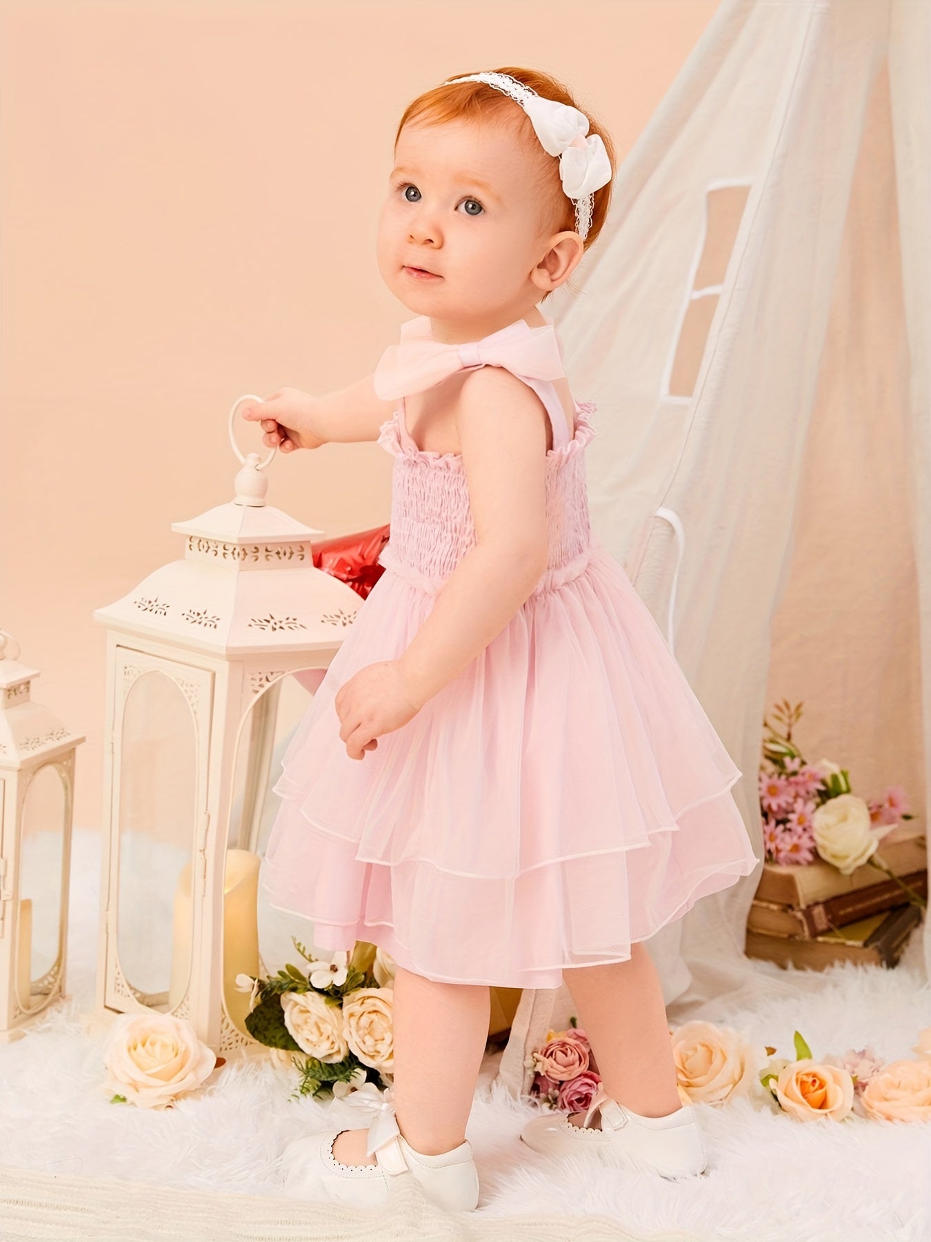 Baby Girls Shirred Mesh Layered Cami Dress With Bows On Shoulder