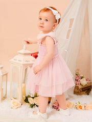 Baby Girls Shirred Mesh Layered Cami Dress With Bows On Shoulder