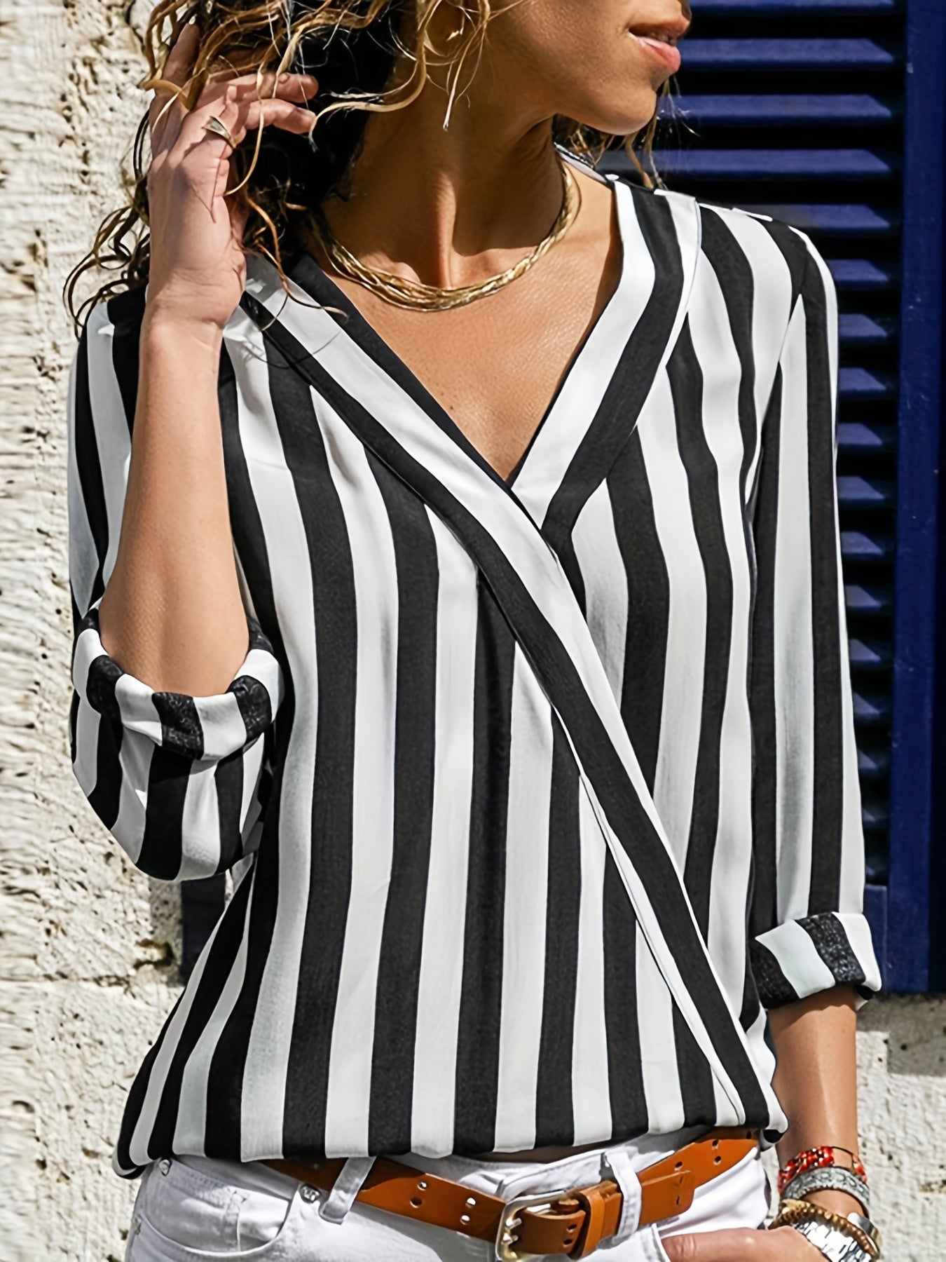 Striped Long Sleeve Surplice Neck Blouse