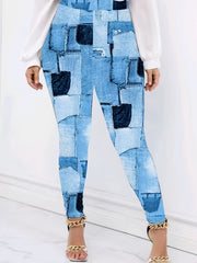 Patchwork Denim Print Plus Size High Rise Leggings