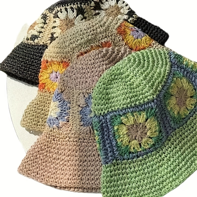 Sunflower Crochet Bucket Hat Straw Fisherman Cap Women Sunscreen Beach Hats