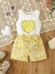 Toddler Girl's Floral Heart Print Romper with Belted Shorts
