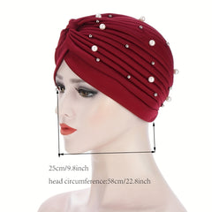 Faux Pearl Decor Turban Solid Beanies Head Scarf Lightweight Elastic Chemo Cap