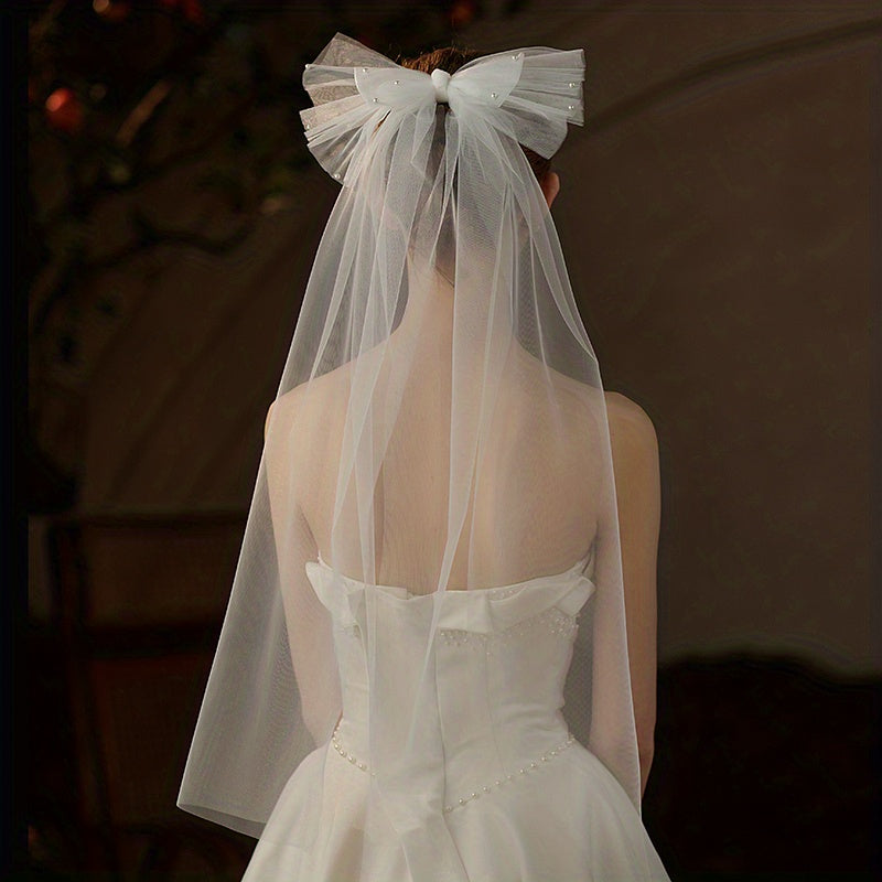 Bow Head Veil With Comb & Pearl Bridal Wedding Hair Accessories
